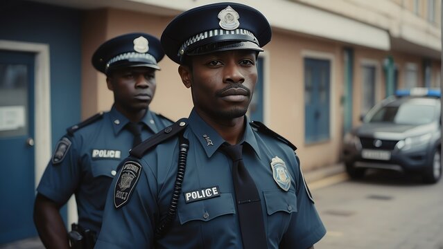 Portrait of a handsome black african police man on uniform on a police station background from Generative AI