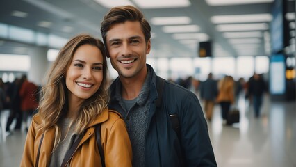 Portrait photo of ahappy smiling tourist couple on a blurred airport terminal background from Generative AI