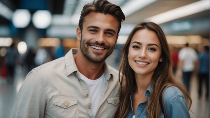 Portrait photo of ahappy smiling tourist couple on a blurred airport terminal background from Generative AI