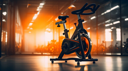 Spinning bike standing in the gym ready to ride, sunny bright background with copy space