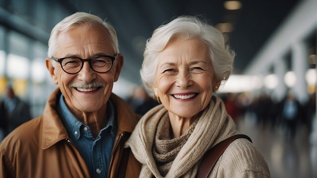 Portrait Photo Of A Happy Smiling Elderly Tourist Couple On A Blurred Airport Terminal Background From Generative AI