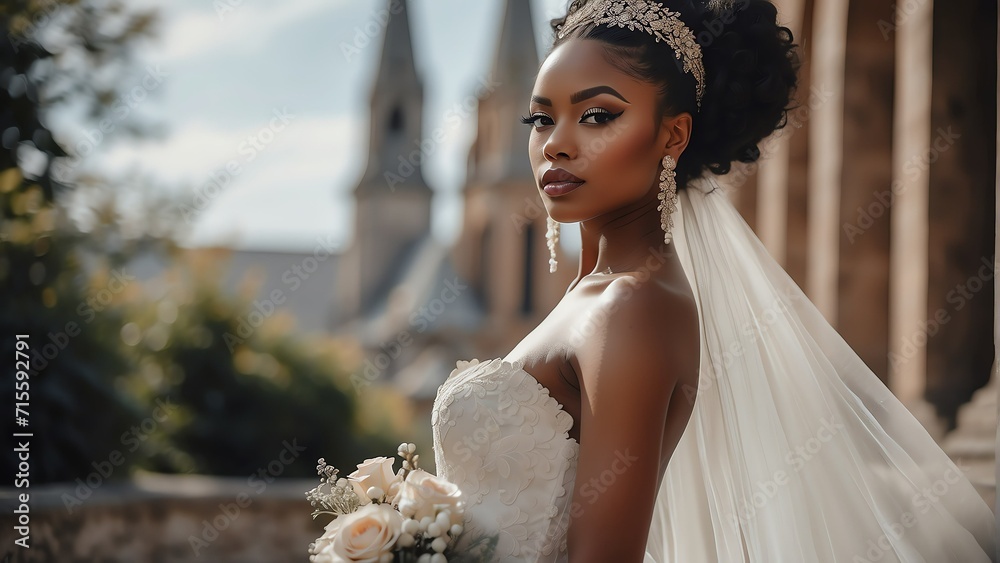 Wall mural stylish beautiful young black african bride on a white dress on a church background from generative  - Wall murals