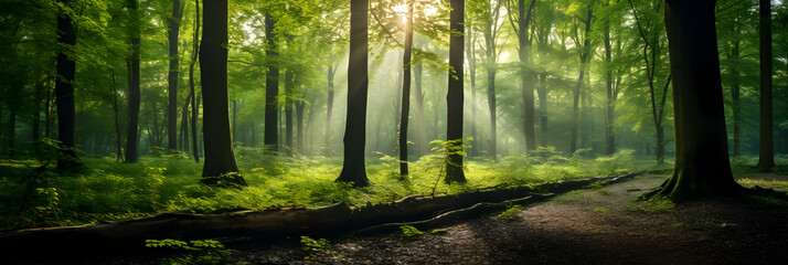 Springtime Woods Panorama: Vibrant forest scenery with sunlight streaming through the trees.