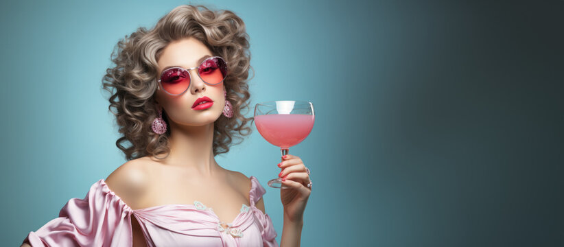 Beautiful young woman with curly hair and pink sunglasses holding a glass of pink cocktail