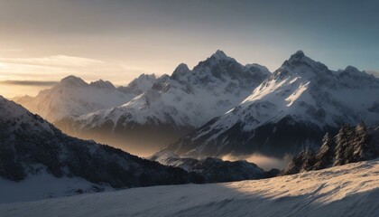 Winter's Embrace: A Majestic Sunrise Illuminates a Snow-Covered Mountain Range, Transforming the Landscape into a Tranquil and Breathtaking Alpine Wonderland. AI generated.