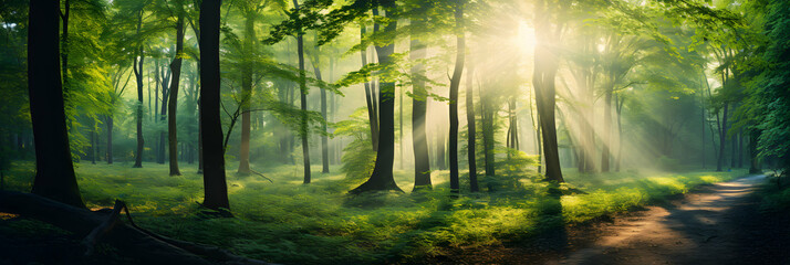 Panorama of a scenic forest of fresh green deciduous trees with the sun casting its strong rays of light through the foliage, seasonal spring background, wallpaper