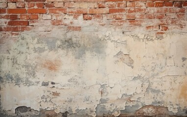 Weathered Plaster Wall Exposing Red Bricks in an Old Building Interior