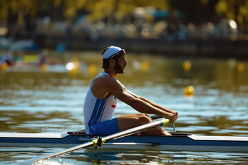 Male athlete in a single-sport rowing on a lake - obrazy, fototapety, plakaty