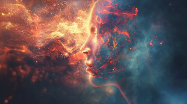 Silhouette of head with glowing neural connections. Spiritual connection with other world. Trance and hypnosis concept