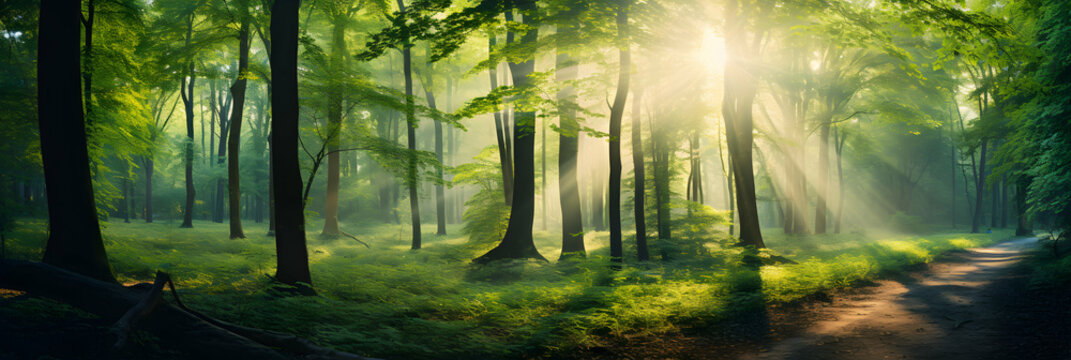 Panorama of a scenic forest of fresh green deciduous trees with the sun casting its strong rays of light through the foliage, seasonal spring background, wallpaper