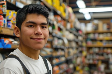 Naklejka premium Young latin man working in hardware store