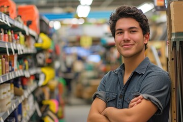 Young latin man working in hardware store - Powered by Adobe