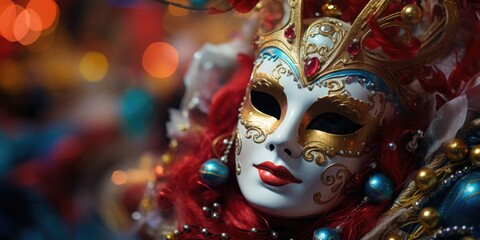 Beautiful Venetian carnival mask with red hair, close up - obrazy, fototapety, plakaty