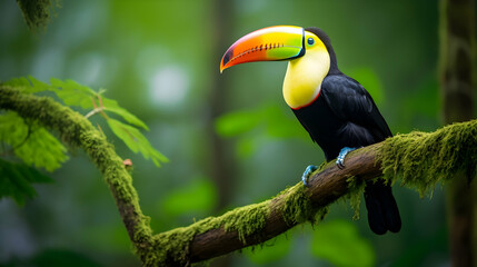 Fototapeta premium Tropical Toucan Wonderland: A vibrant tapestry of lush greenery and colorful toucans, creating an exotic escape for your walls.