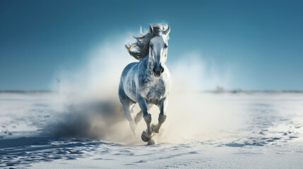 Grey Arabians horse run gallop in dust aganist blue sky. Fast and strong animal
