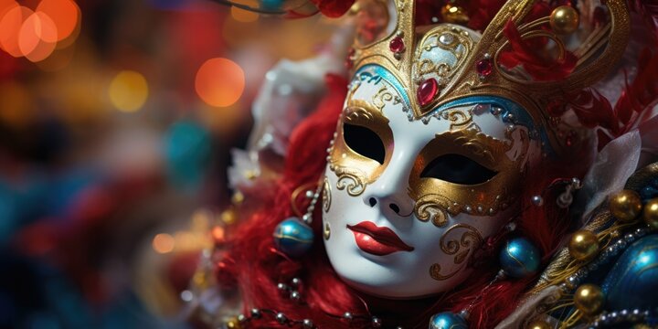 Beautiful Venetian carnival mask with red hair, close up