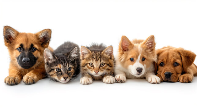 Kittens and dog of different colors sitting next to each other on a white background, minimalistic photo
