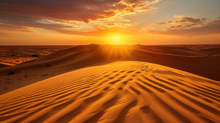 Fototapeta na wymiar The golden hues of a desert sunset casting a warm glow over the textured dunes