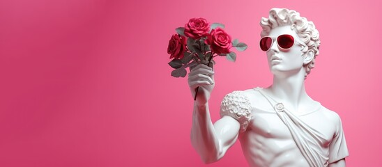 Sculpture of Apollo with red roses on a pink background. Banner. Valentine's Day concept. - obrazy, fototapety, plakaty