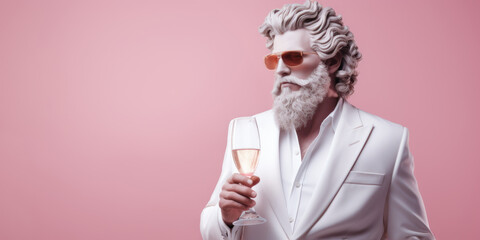 Beautiful bearded Zeus in sunglasses with a glass of champagne on a pink background.