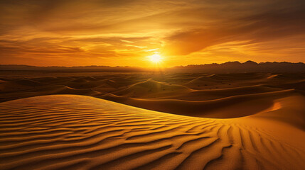 The golden hues of a desert sunset casting a warm glow over the textured dunes