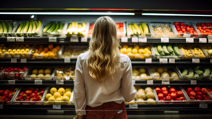 Woman in supermarket at the fruit shelf shopping for groceries, rear view