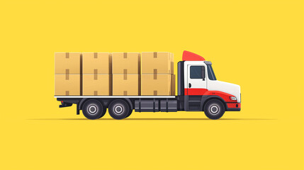 a minimalistic cartoon flat design logistics post delivery truck with a lot of cardboard parcel boxes. isolated on yellow background