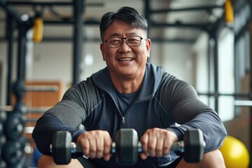 Fat middle aged asian man dumbbell exercising - obrazy, fototapety, plakaty