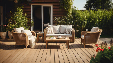 Chic rattan patio arrangement including a sofa, table, and chair set on a wooden deck in a sunny garden, ideal for outdoor living and entertaining. - obrazy, fototapety, plakaty