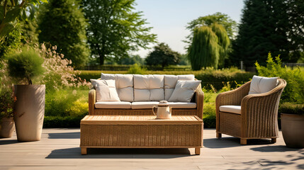 Stylish rattan patio furniture set on a wooden deck in a sunny garden, offering the perfect setting for relaxation and leisure.