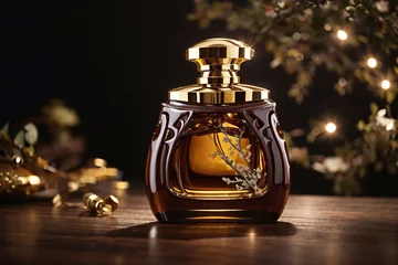 Foto op Plexiglas Oud Perfume bottle with agar wood concept © Mark&Toby Image Co.
