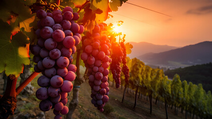 ripe grapes in a vineyard at dusk, with water droplets glistening in the golden sunlight. Ideal for wine industry promotions, agriculture-themed designs, or seasonal advertising.