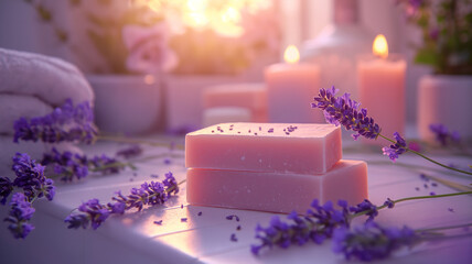 Organic lavender soap handmade in a lavender field with beautiful light	