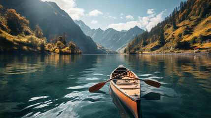 A breathtaking ultra-realistic landscape showcases towering mountains, a pristine lake, and lush pine forests wit a boat - obrazy, fototapety, plakaty