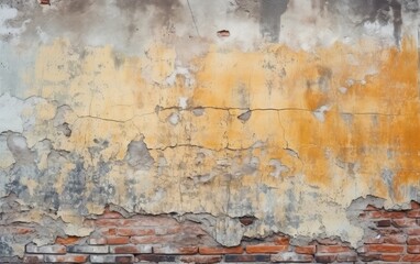 Fototapeta premium Weathered Wall With Peeling Yellow Paint and Exposed Red Bricks