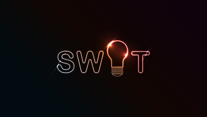 SWOT word on solid black background. Neon swot light on solid black background.