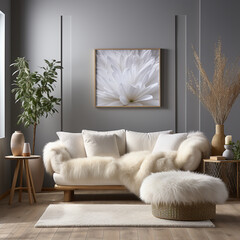 Cozy cute sofa with white furry sheepskin fluffy throw and pillows against wall with copy space. Scandinavian home interior design of modern living room