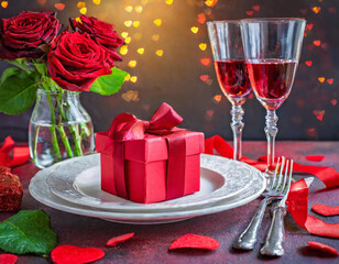 Valentines Day Dinner - Romantic Table Setting With Gift And Roses