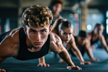 Fit young people doing pushups in a gym looking focused
