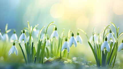 Sunny Spring Snowdrops Panoramic Easter Header with Copy Space