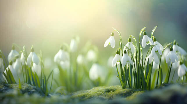 Spring flowers of snowdrops, sunny seasonal bright background with copy space, panoramic easter header, greetings card