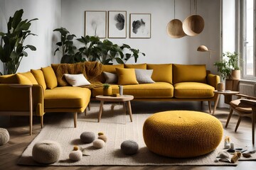 a modern living room atmosphere with a dark yellow corner sofa complemented by two knitted poufs. Achieve a Scandinavian home interior design vibe, blending comfort and style seamlessly  