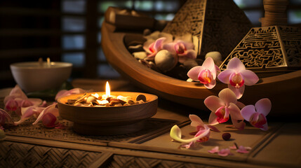 Traditional asian thai tropical massage, spa treatment detail set