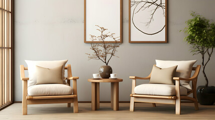 Elegant Japandi Living Space: Lounge Chairs and Coffee Table