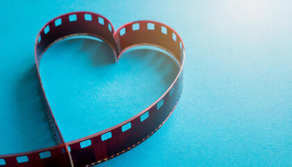 Filmstrip in the shape of a heart on a blue background with a lens effect - obrazy, fototapety, plakaty