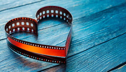 Filmstrip in the shape of a heart on a blue background with a lens effect