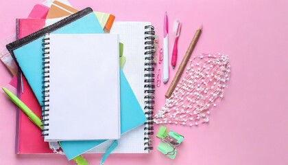 Different notebooks on light pink background, top view. Space for text