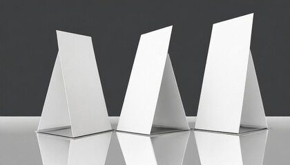 Blank Table Tent. Paper vertical triangle cards on white background with reflections. Mockup. 3D rendering.