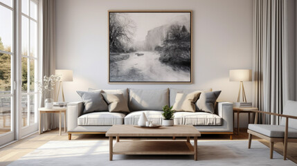 Fototapeta na wymiar Simulated artwork placement in a sleek Scandinavian living area, where a light beige couch complements the minimalistic design, accompanied by feathery pampas grass