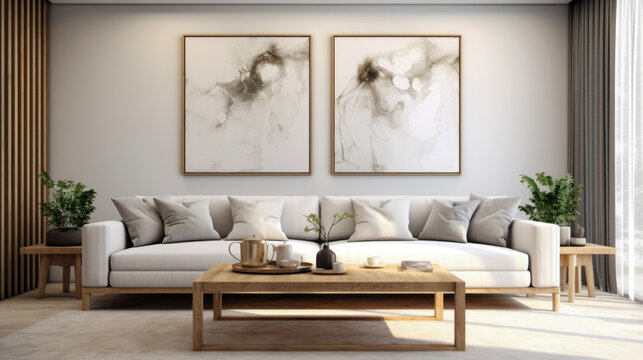 A virtual depiction of an empty picture frame within a contemporary Scandinavian-designed living space, featuring a modern interior with a pale beige couch and airy pampas grass